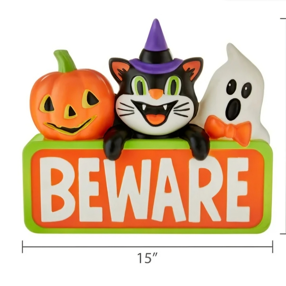 Halloween 15 in Light-Up Beware Blow Mold Jack-O-Lantern, Cat, Ghost Sign- New
